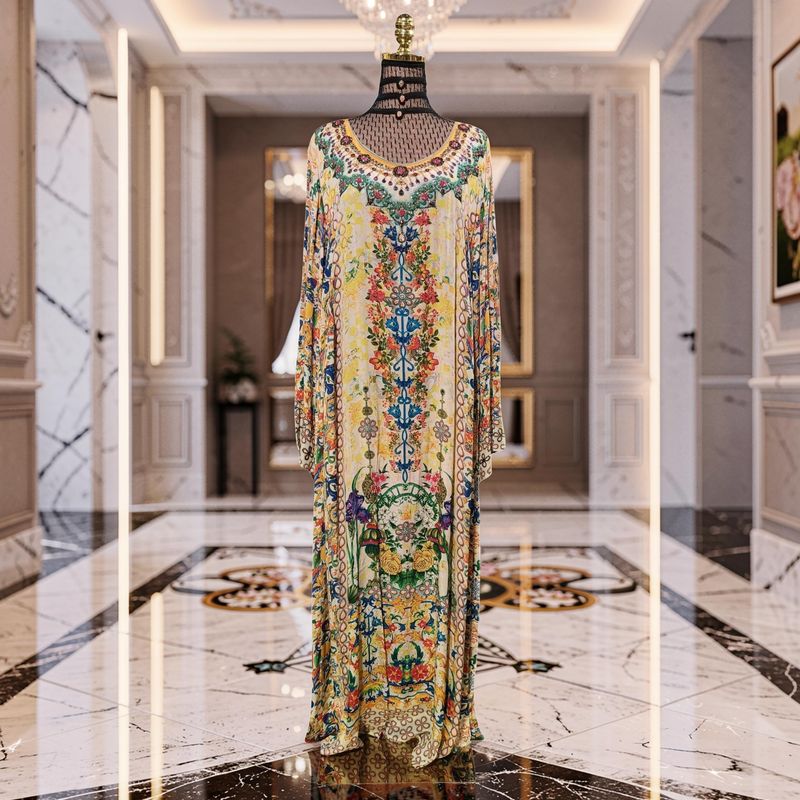2XL-3XL Digital Dress Kaftan Printed Silky Hand Crystal 59" Long Jalabiya