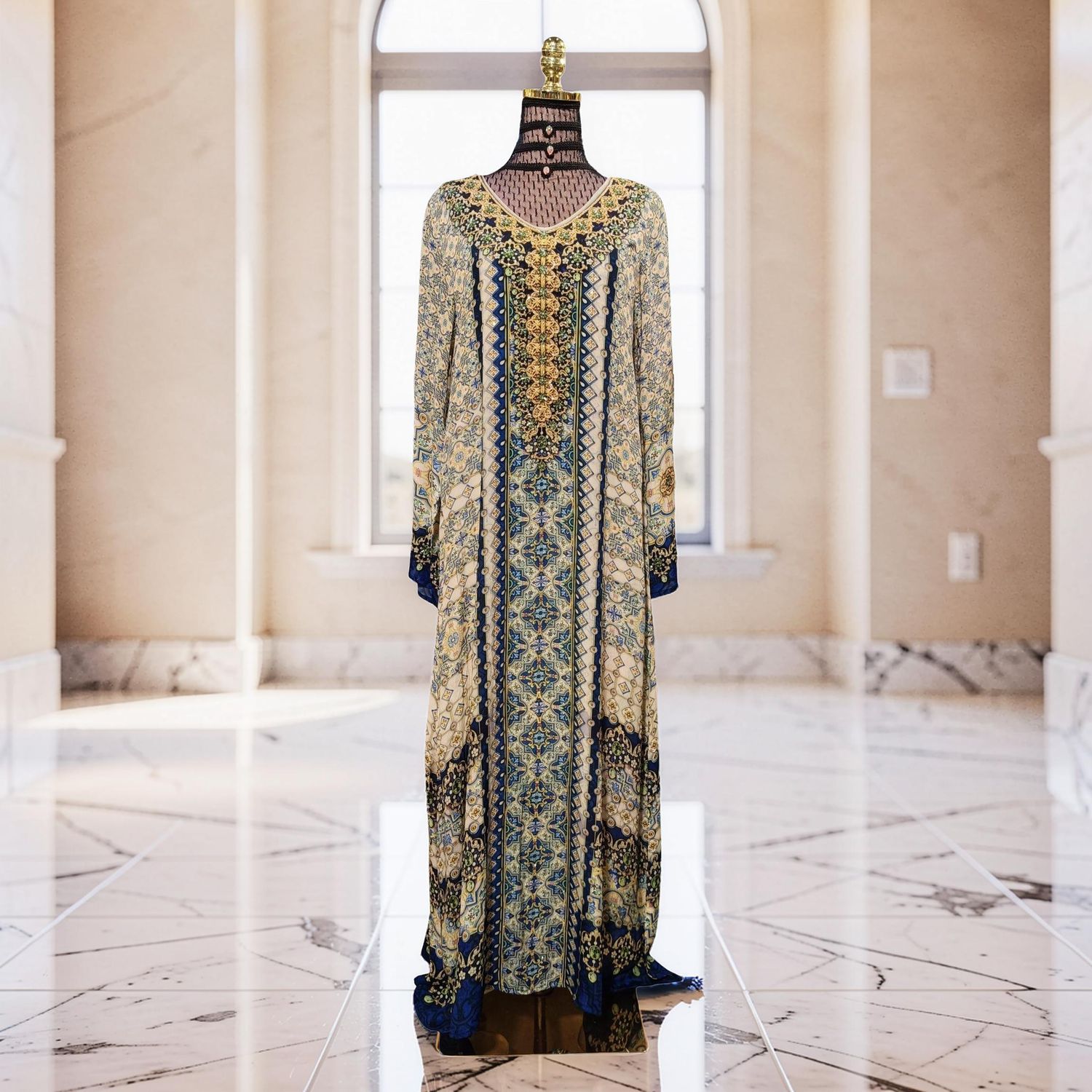 XS-S Digital Dress Kaftan Printed Silky Hand Crystal 55" Long Jalabiya