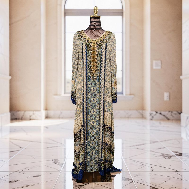 XS-S Digital Dress Kaftan Printed Silky Hand Crystal 55" Long Jalabiya