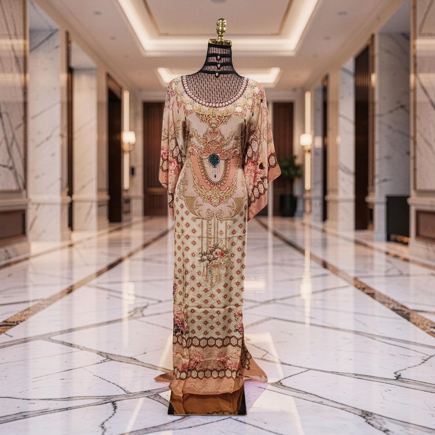 S-M Digital Dress Kaftan Printed Silky Hand Crystal 59" Long Jalabiya