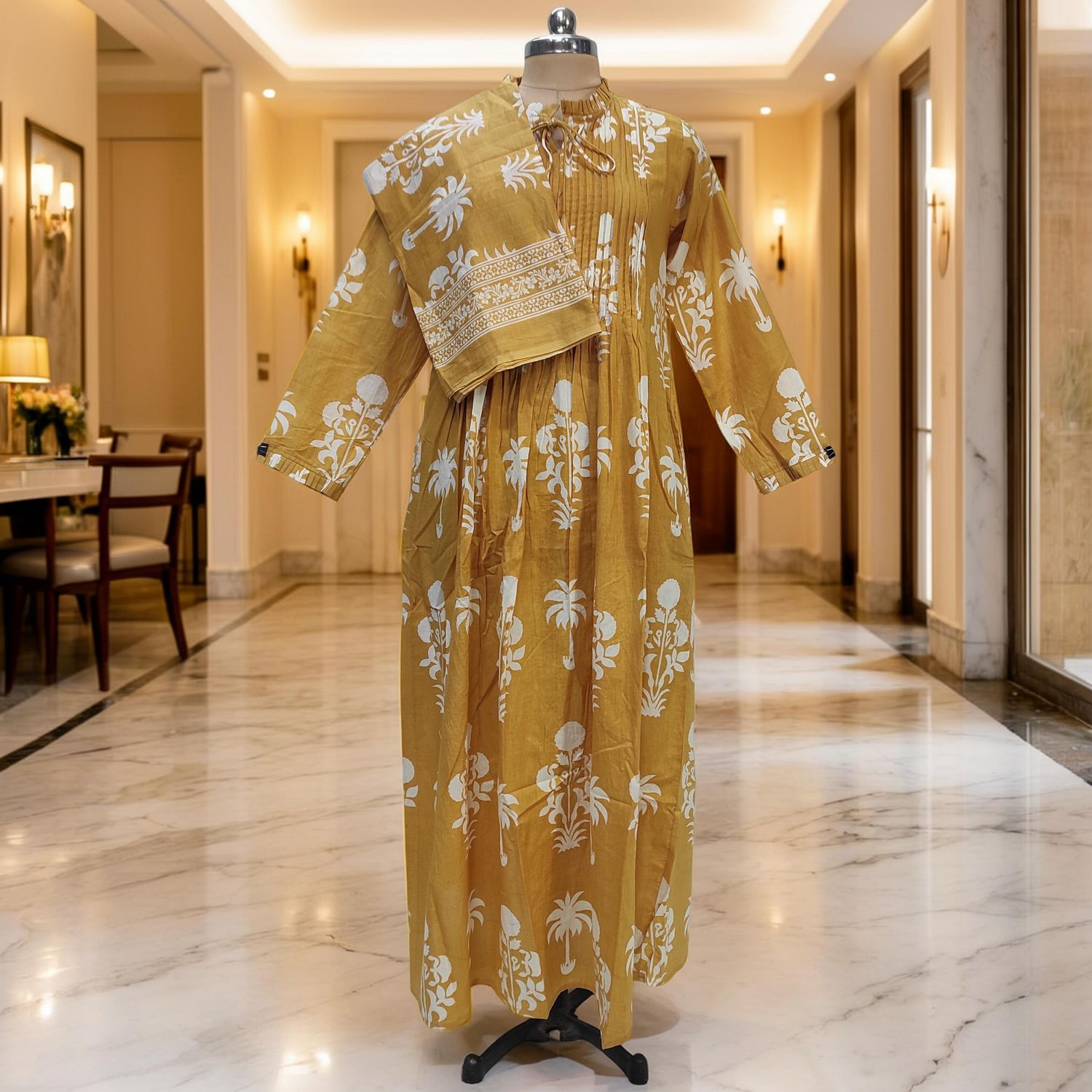 XS/S Adeem Printed Cotton Dress 54" Long Jalabiya With Sheila