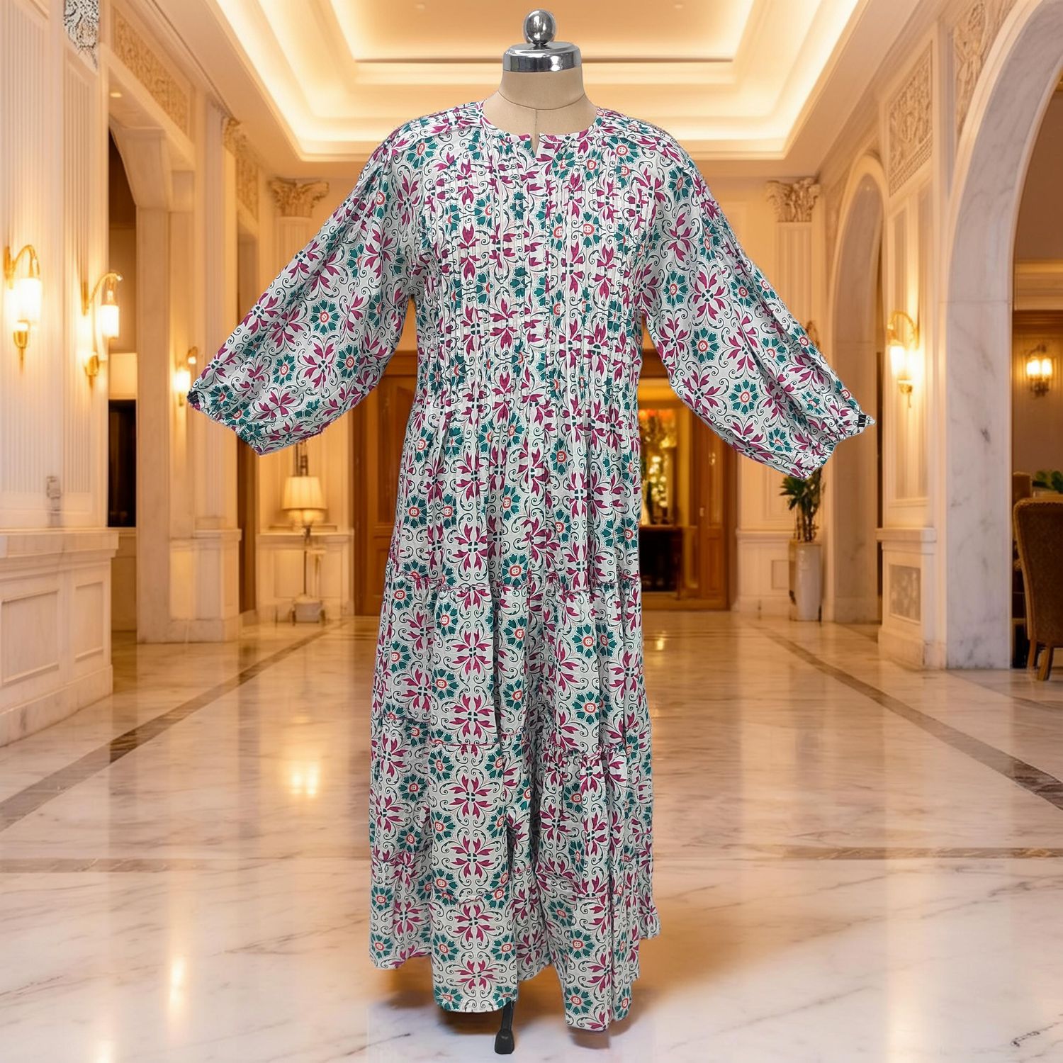 S-M Fawz Printed Cotton Dress 57" Long Jalabiya