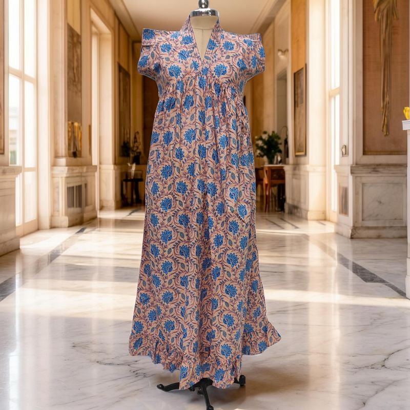 S-M Amani Printed Cotton Dress 57" Short Sleeves Jalabiya