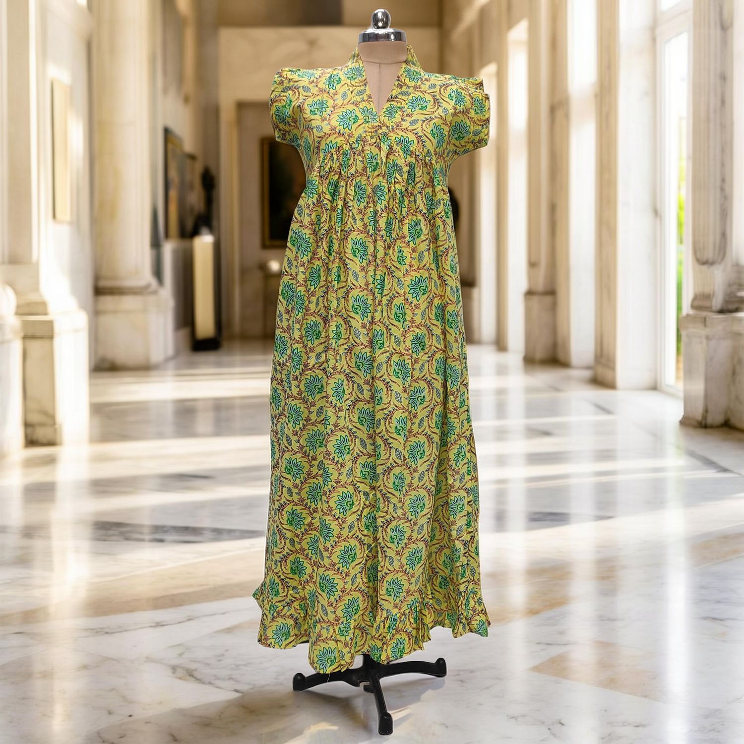 S-M Amani Printed Cotton Dress 57" Short Sleeves Jalabiya