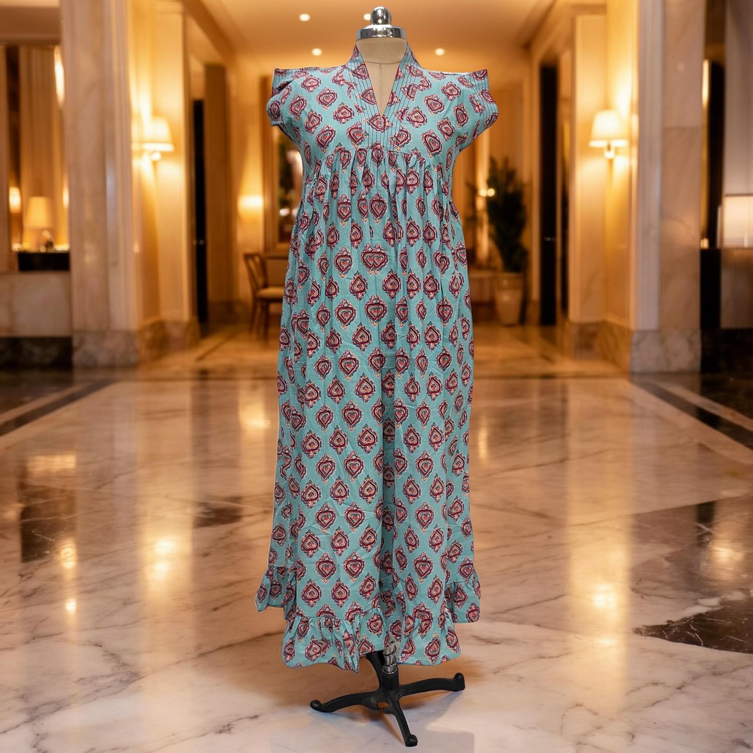 XS/S  Amani Printed Cotton Dress 54" Short Sleeves Jalabiya