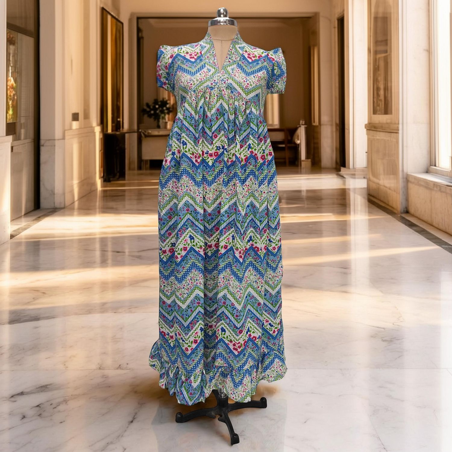 XS/S  Amani Printed Cotton Dress 54" Short Sleeves Jalabiya