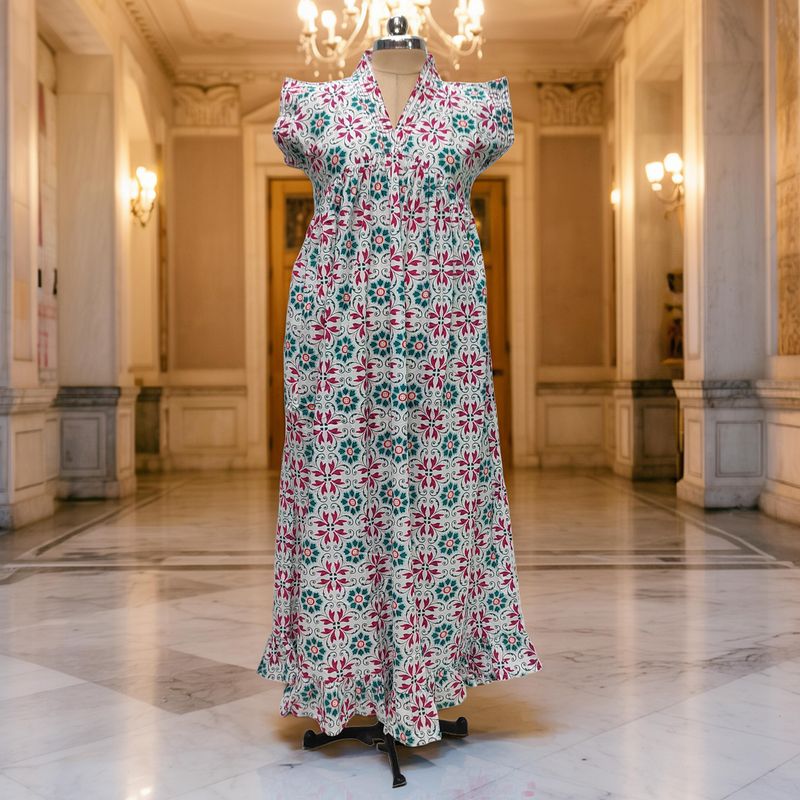 S-M Amani Printed Cotton Dress 57" Short Sleeves Jalabiya