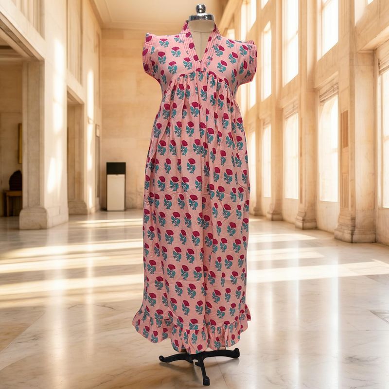 S-M Amani Printed Cotton Dress 57" Short Sleeves Jalabiya