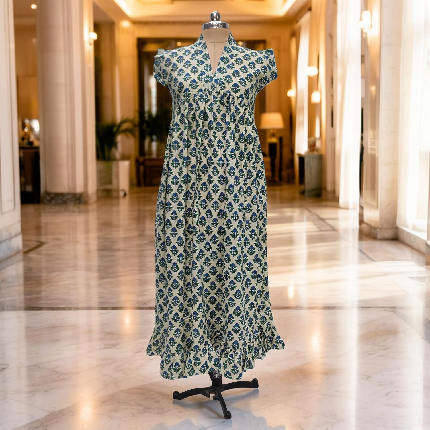 XS/S  Amani Printed Cotton Dress 54" Short Sleeves Jalabiya