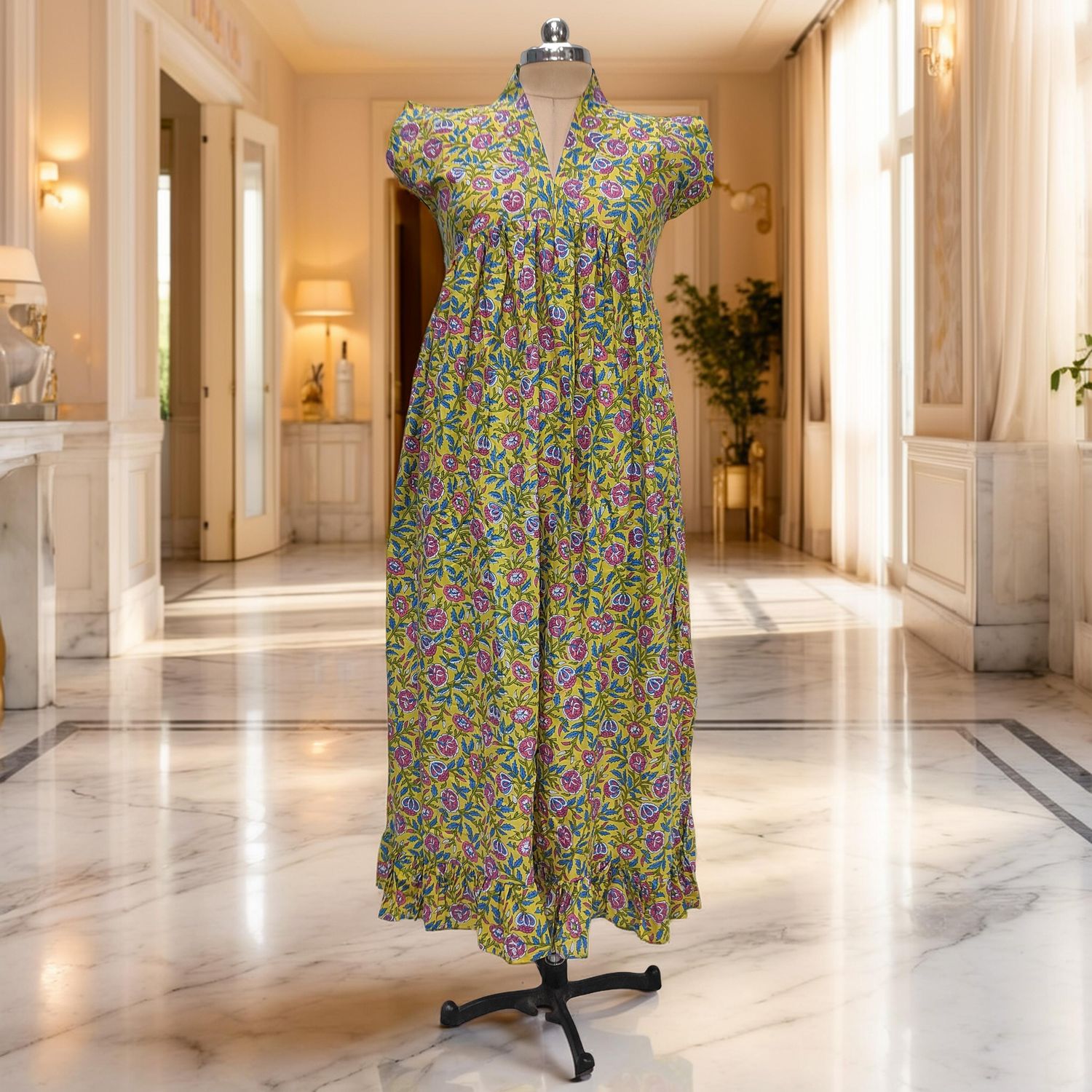 XS/S  Amani Printed Cotton Dress 54" Short Sleeves Jalabiya