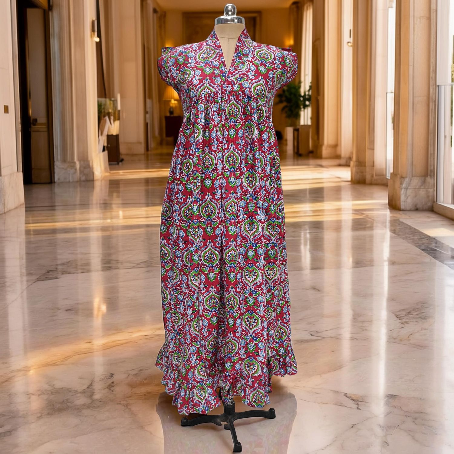 XS/S  Amani Printed Cotton Dress 54" Short Sleeves Jalabiya