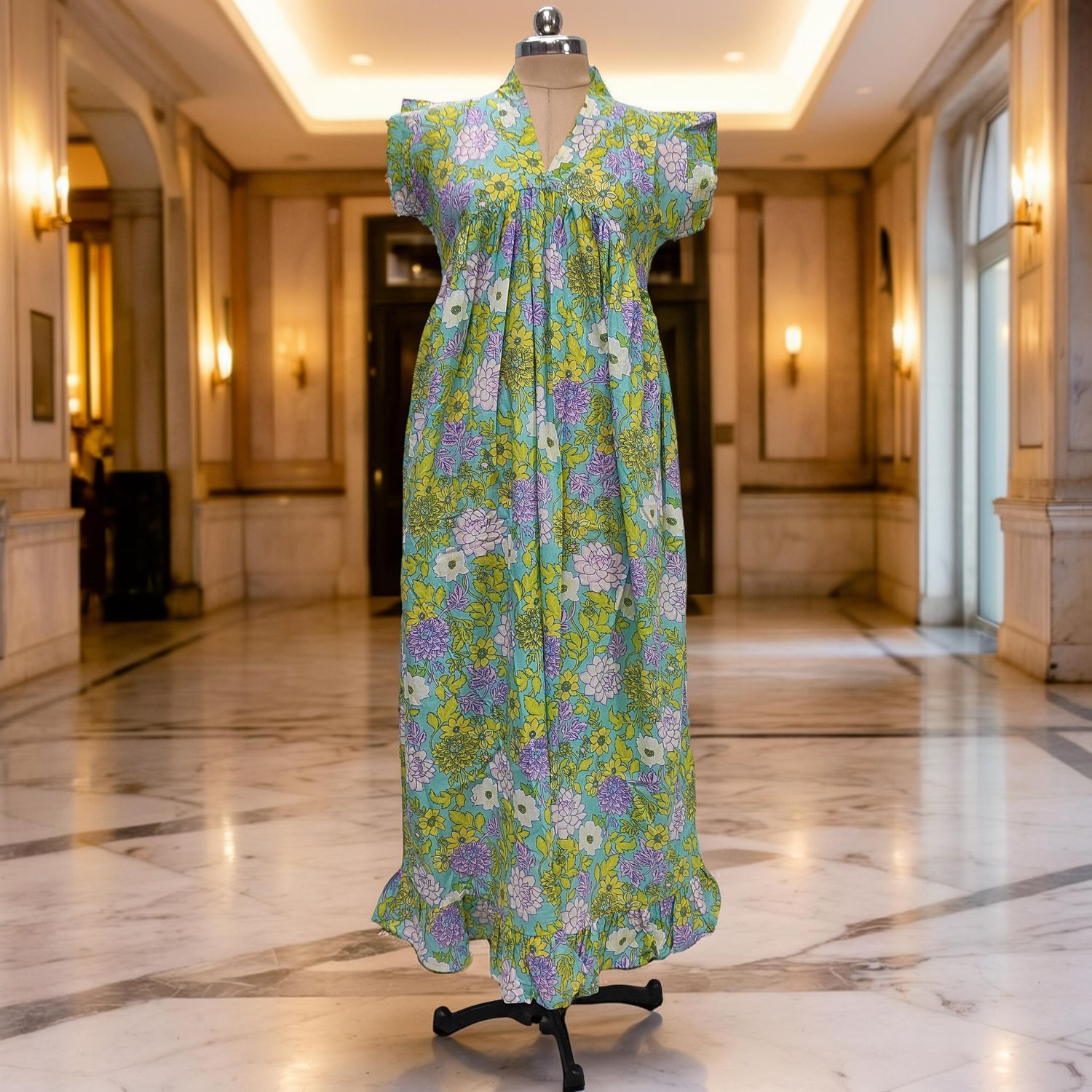 L/XL Amani Printed Cotton Dress 57" Short Sleeves Jalabiya