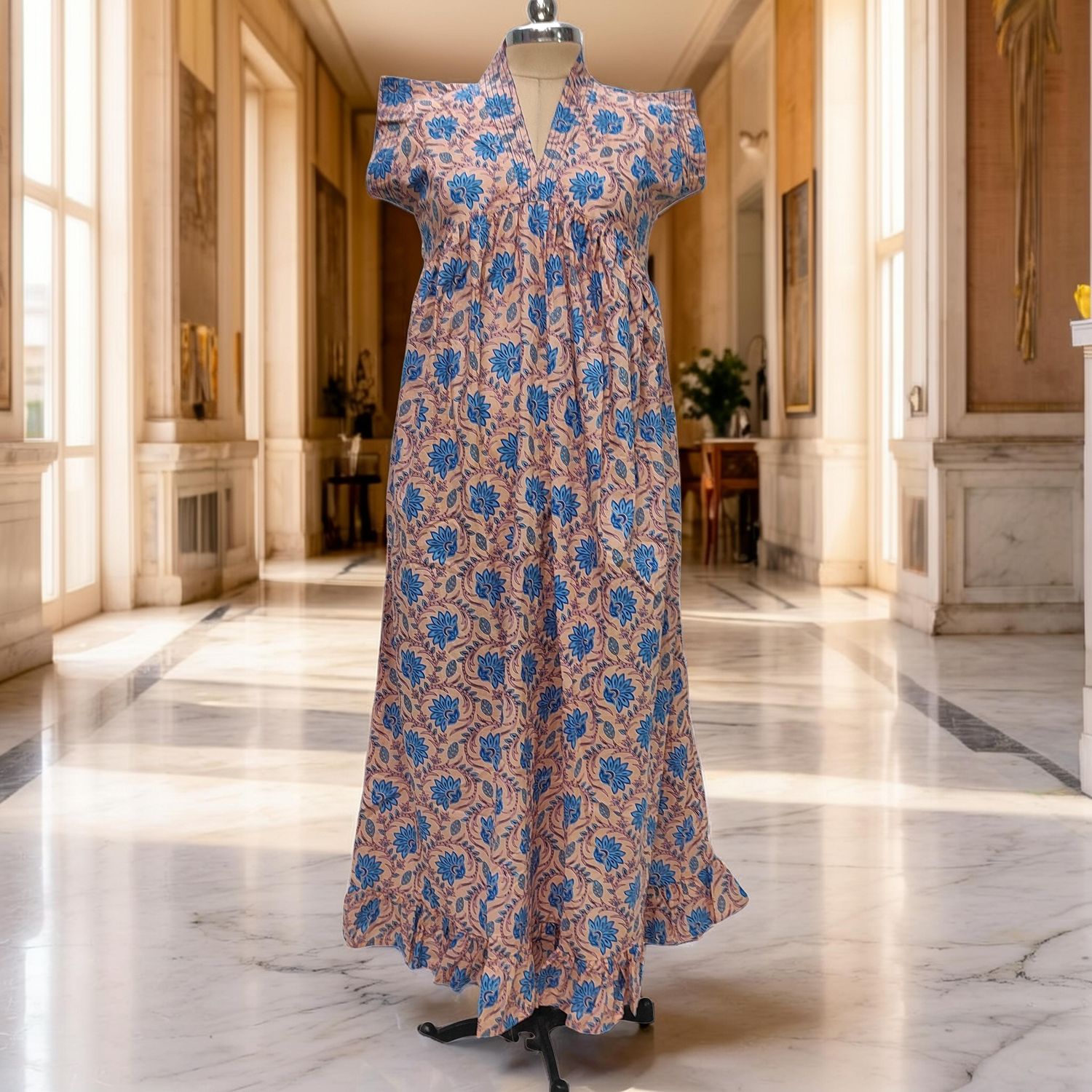 L/XL Amani Printed Cotton Dress 57" Short Sleeves Jalabiya