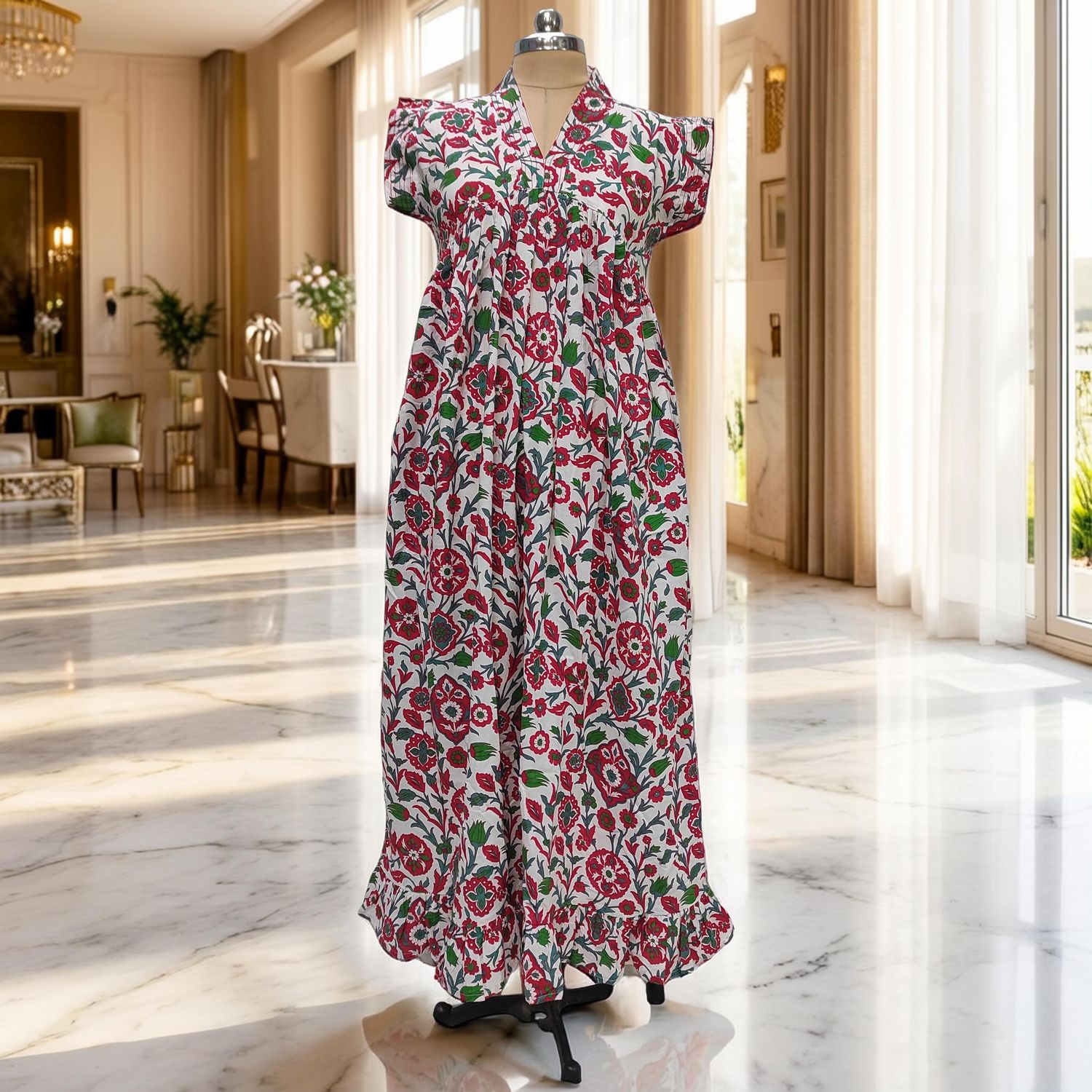 S-M Amani Printed Cotton Dress 57" Short Sleeves Jalabiya