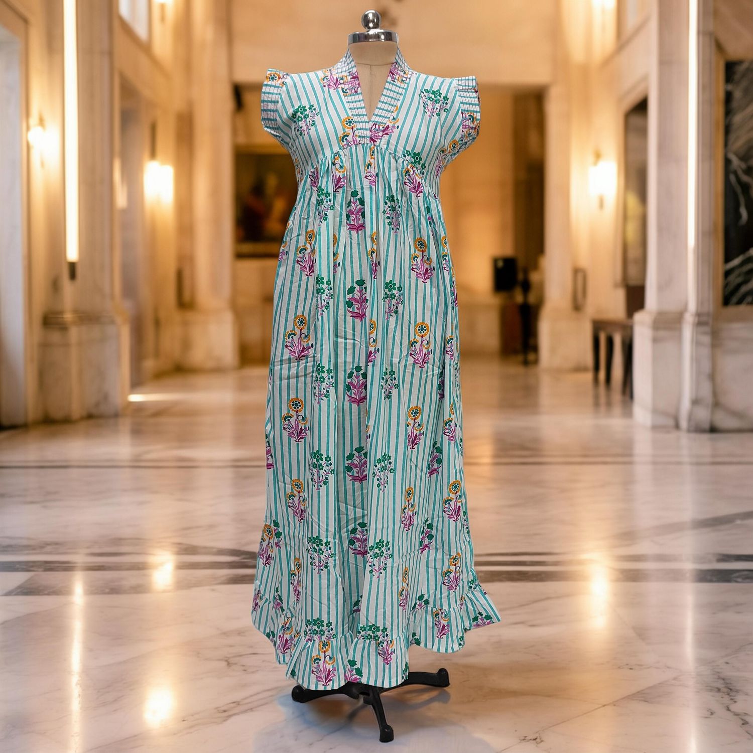 S-M Amani Printed Cotton Dress 57" Short Sleeves Jalabiya