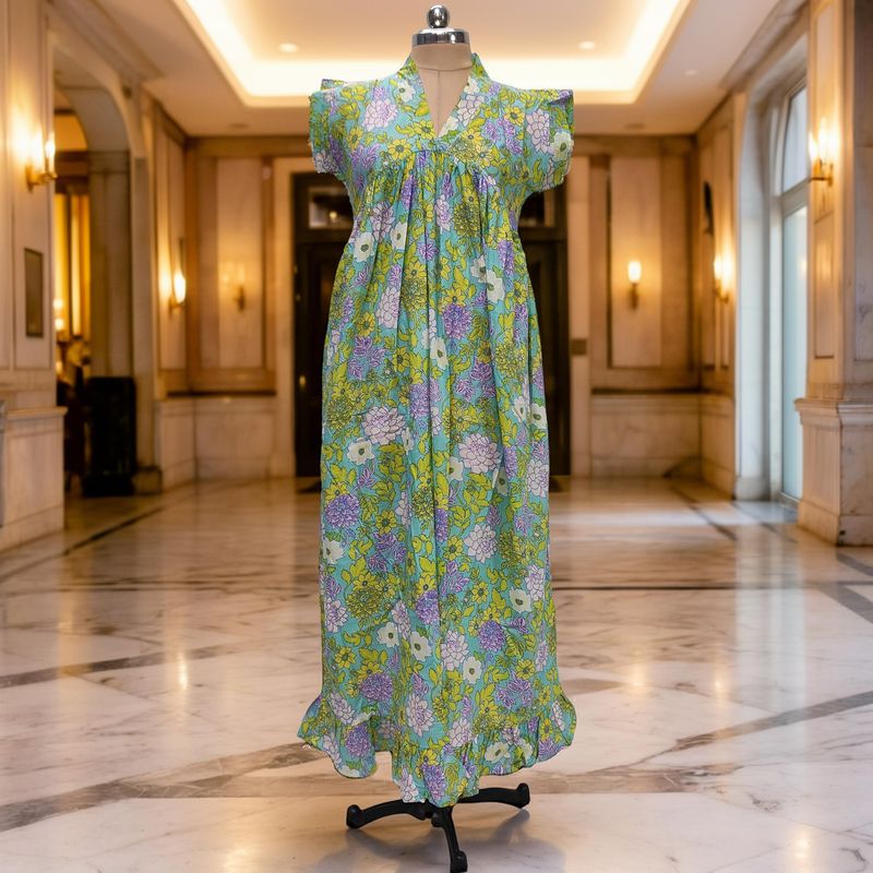 S-M Amani Printed Cotton Dress 57" Short Sleeves Jalabiya