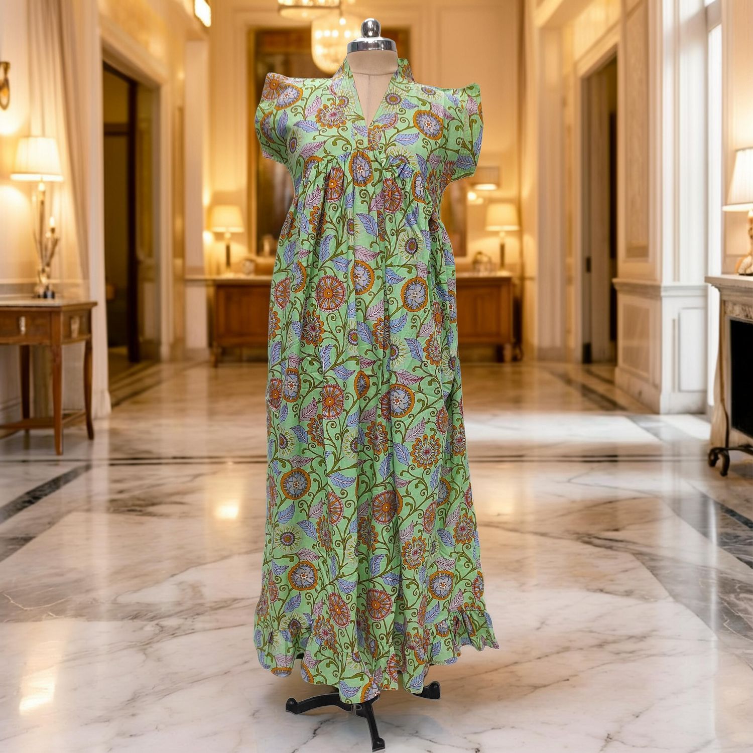 S-M Amani Printed Cotton Dress 57" Short Sleeves Jalabiya