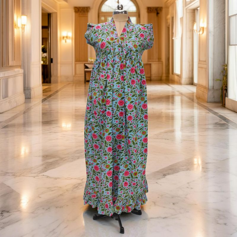 S-M Amani Printed Cotton Dress 57" Short Sleeves Jalabiya