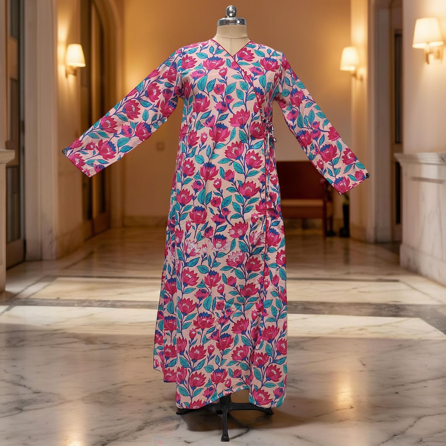 12-13 Year Qifa Printed Cotton Girls Dress 50" Long Jalabiya