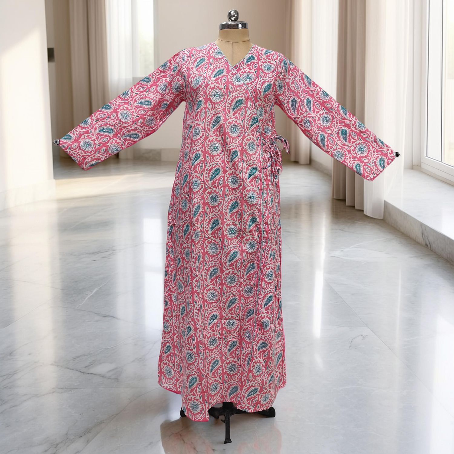 L/XL Qifa Printed Cotton Dress 57" Long Jalabiyas