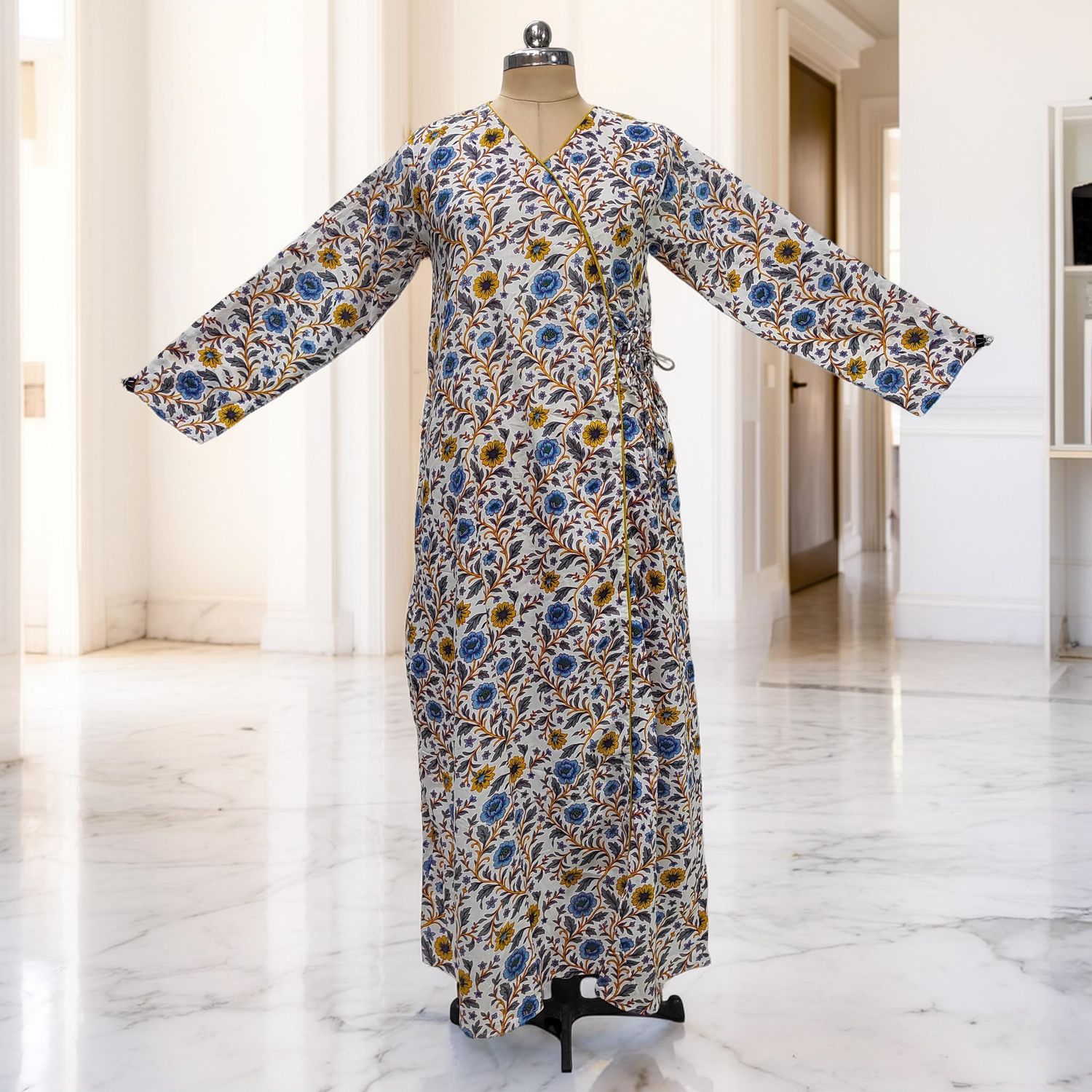 12-13 Year Qifa Printed Cotton Girls Dress 50" Long Jalabiya