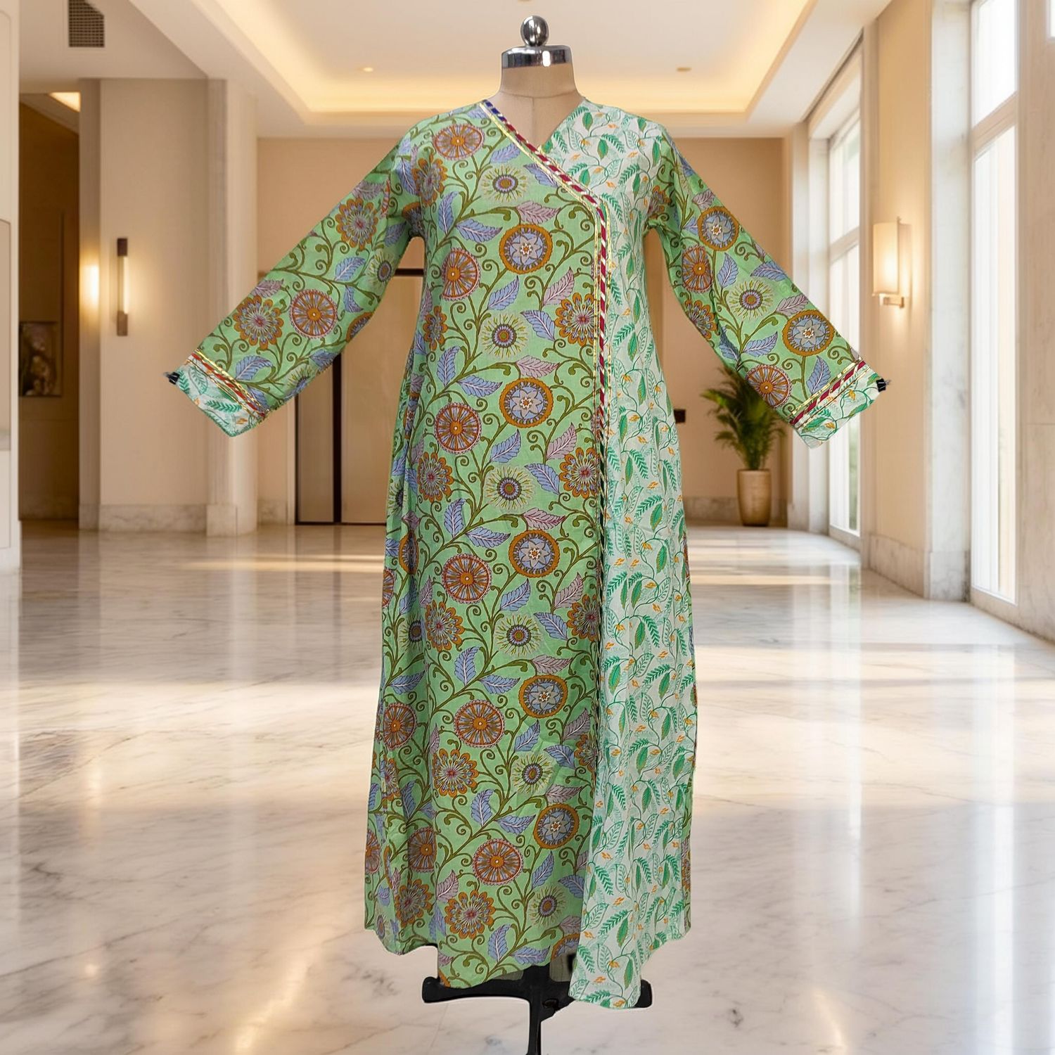 L/XL Lupines Printed Cotton Dress 57" Long Jalabiya