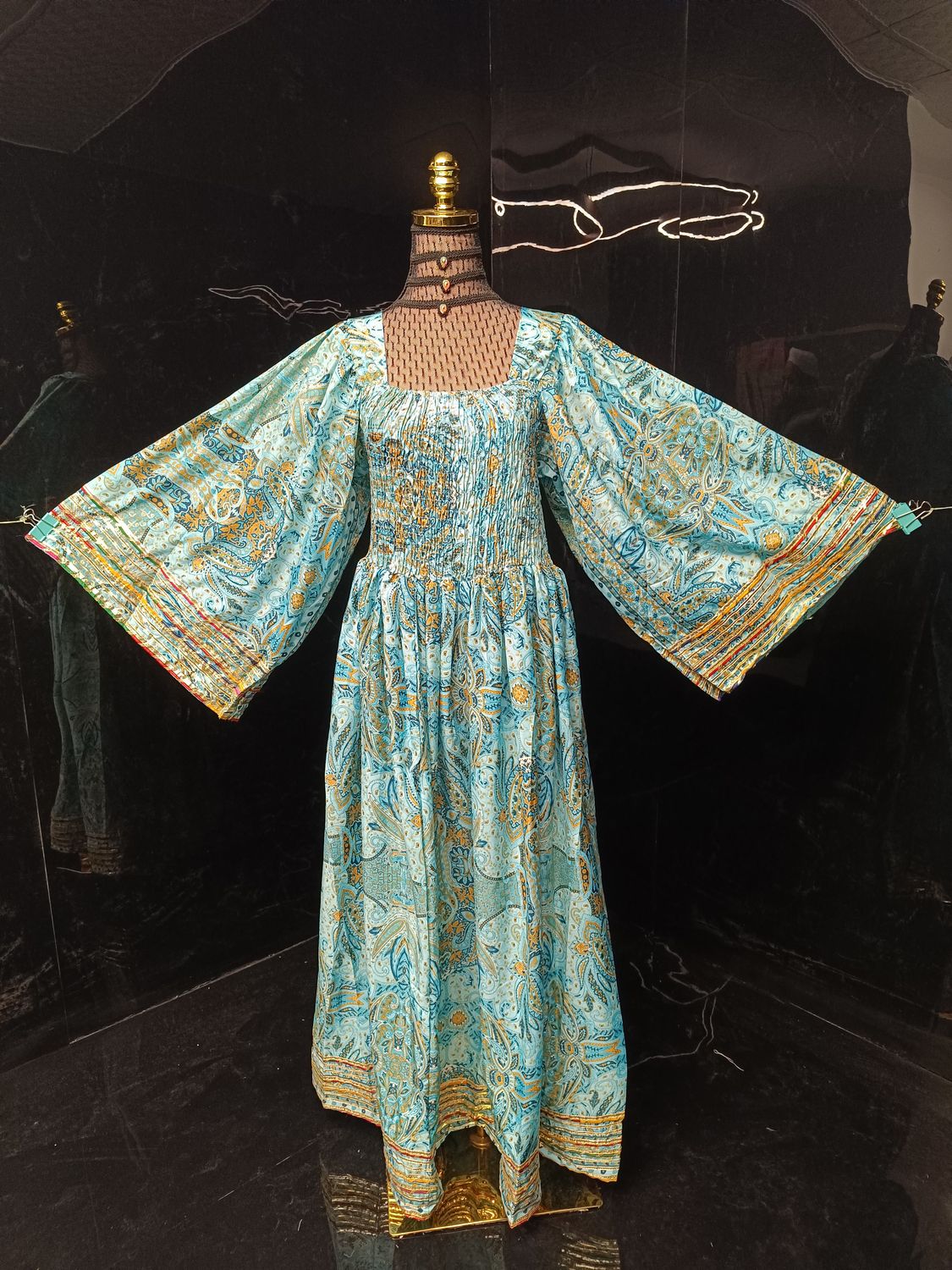 S-M Elzina Printed Silk Dress 57" Long Jalabiya