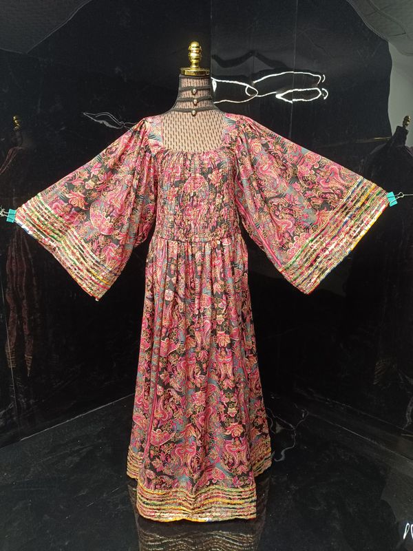 S-M Elzina Printed Silk Dress 57" Long Jalabiya