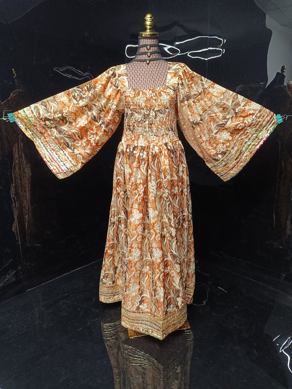 S-M Elzina Printed Silk Dress 57" Long Jalabiya