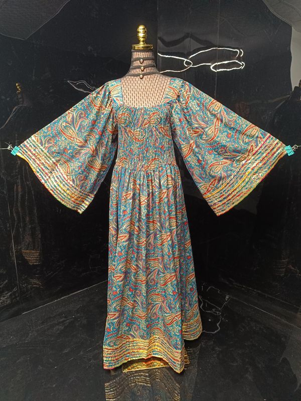 S-M Elzina Printed Silk Dress 57" Long Jalabiya