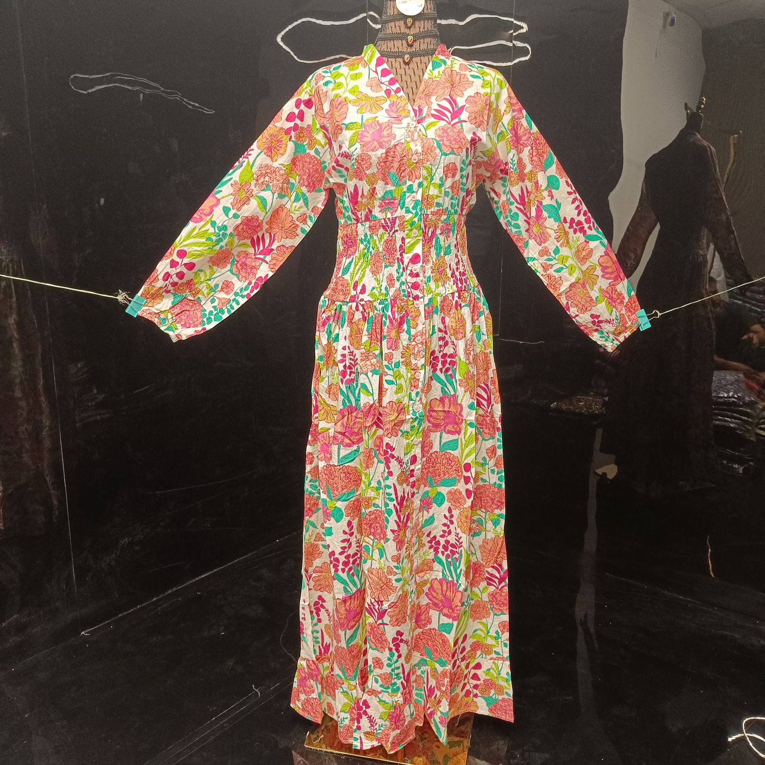 2XL/3XL Yuasa Printed Cotton Dress 57" Long Jalabiya