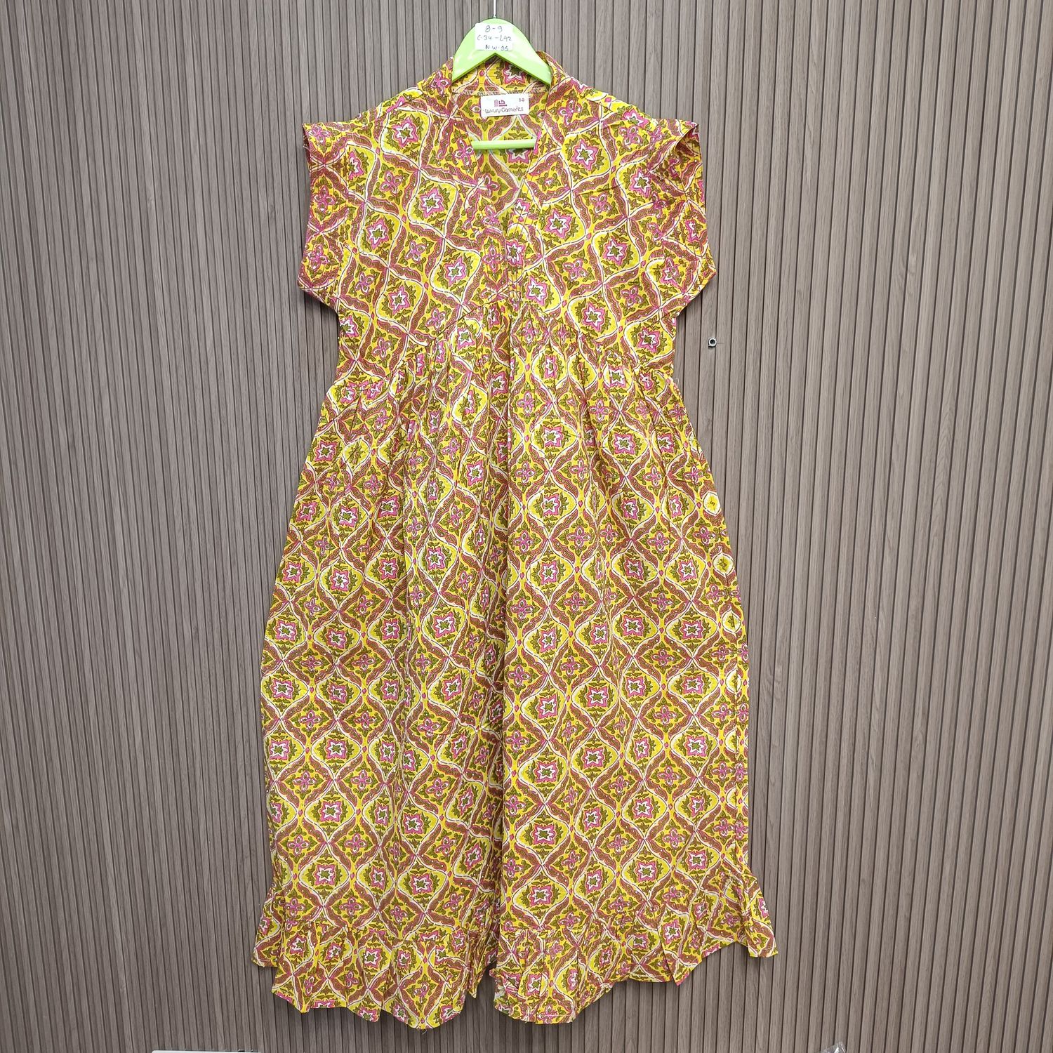 8-9 Year Amani Crystal Printed Cotton Girls Dress 42" Short Sleeves Jalabiya