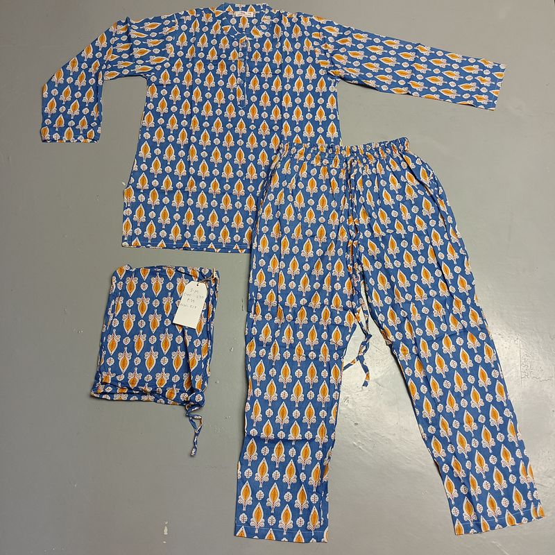 S/M Full Sleeves Stand Collar Neck Cotton Blue Pajamas Set