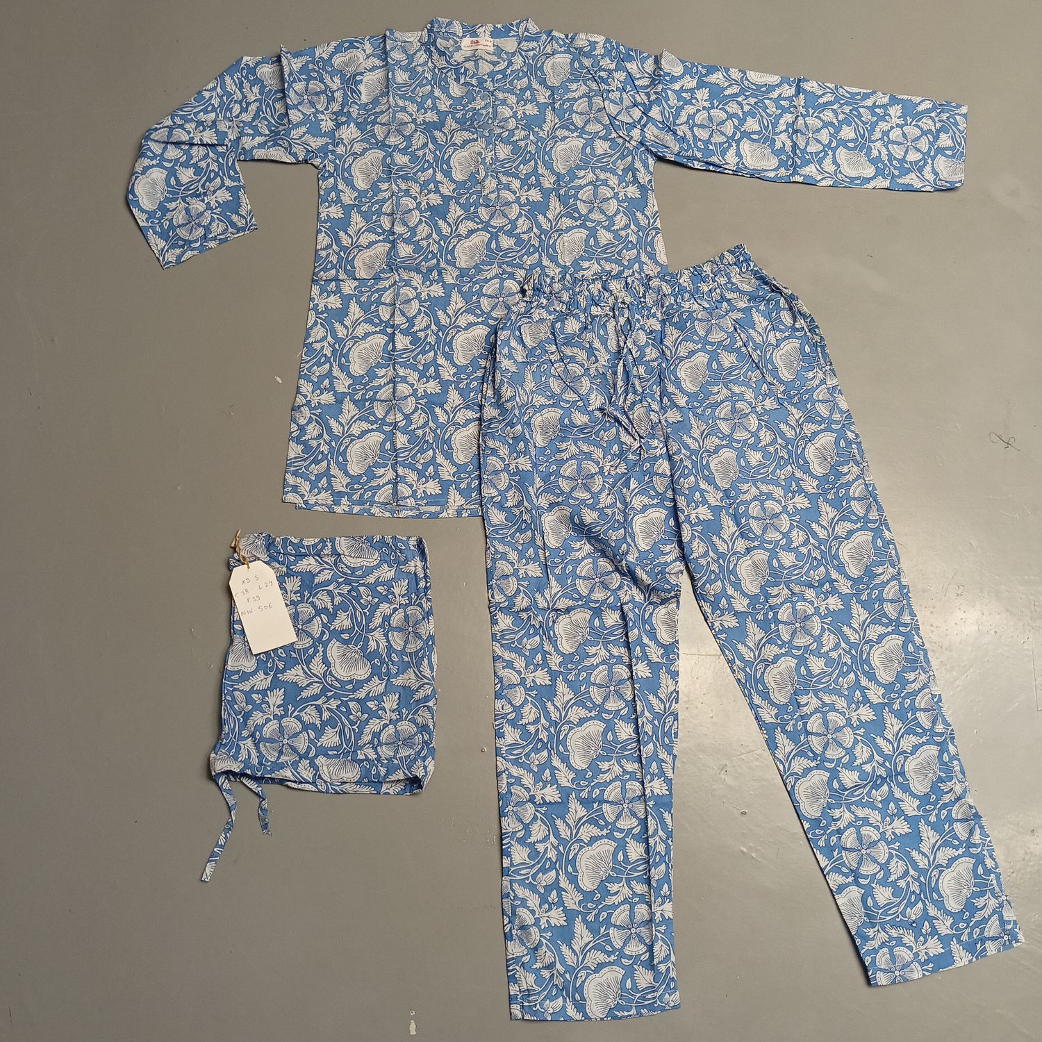 S/M Full Sleeves Stand Collar Neck Cotton Blue Pajamas Set