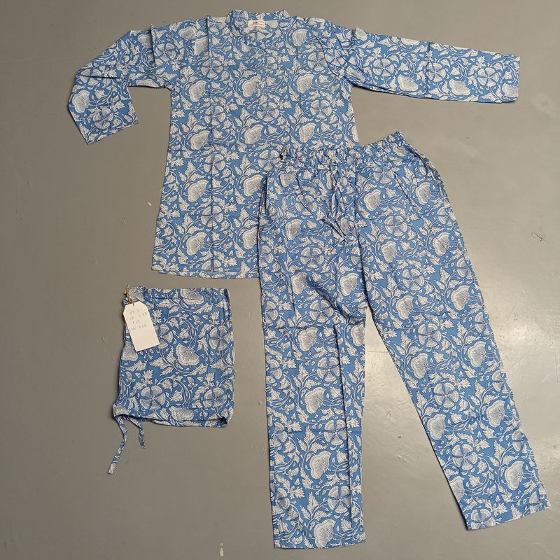 S/M Full Sleeves Stand Collar Neck Cotton Blue Pajamas Set
