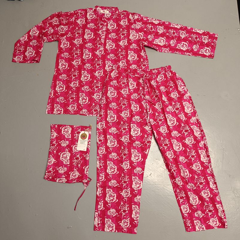 L/XL Full Sleeves Stand Collar Neck Cotton Pajamas Set