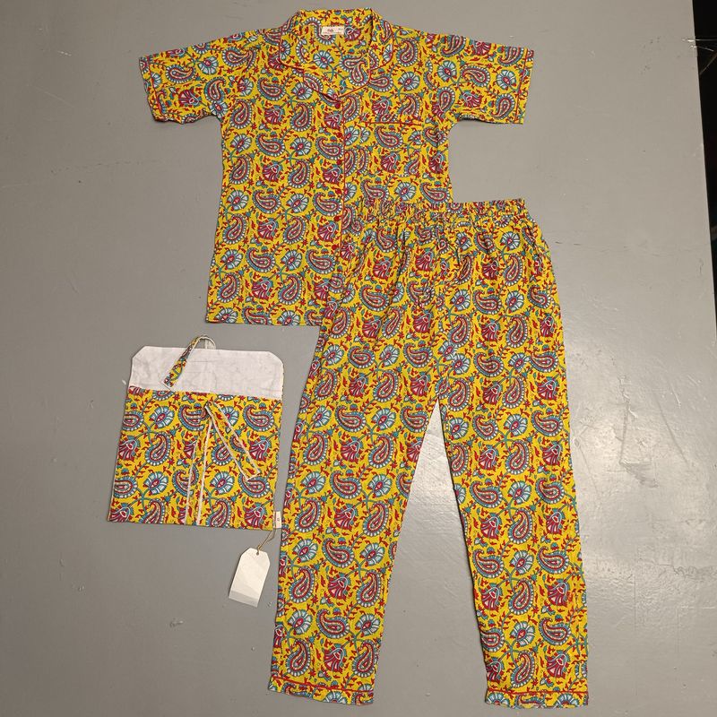 XS/S Half Sleeves Shirt Collar Neck Cotton Full Pajamas Set