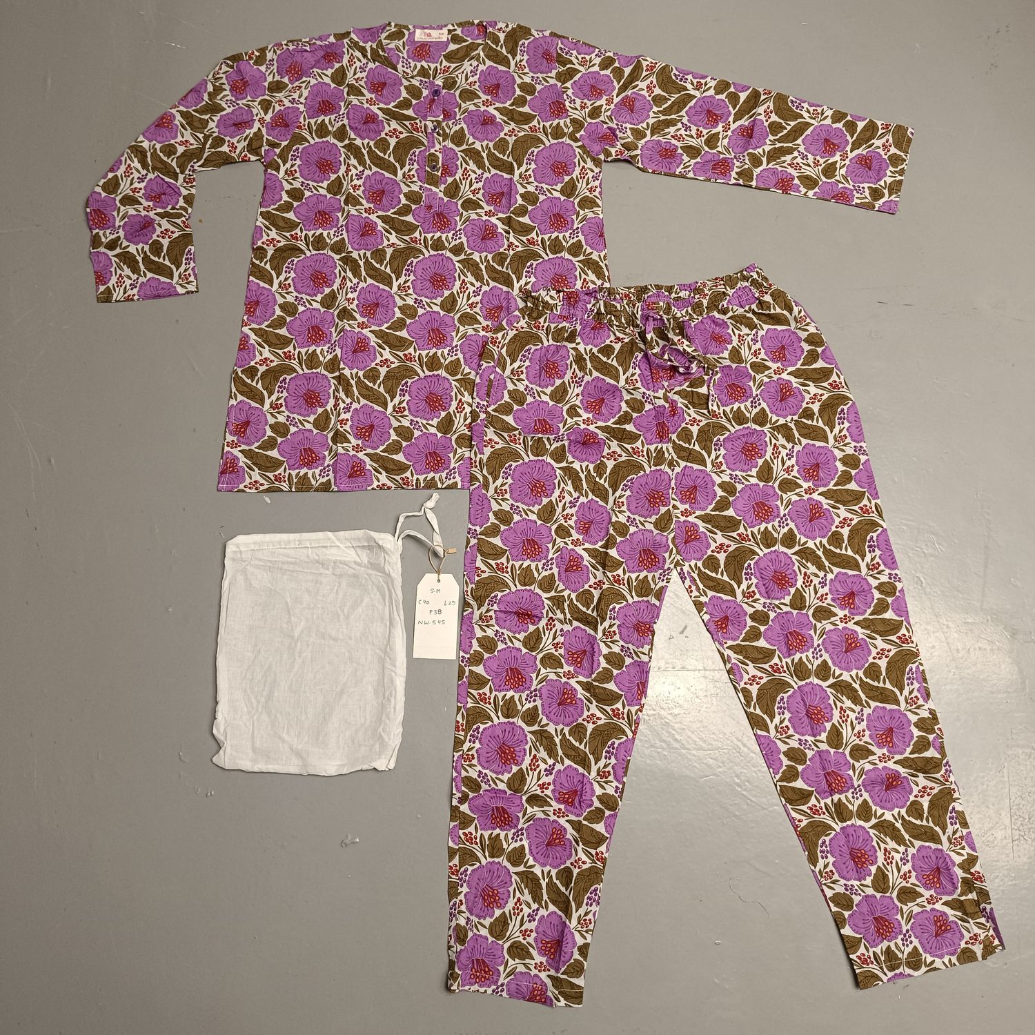 S/M Full Sleeves Stand Collar Neck Cotton Pajamas Set