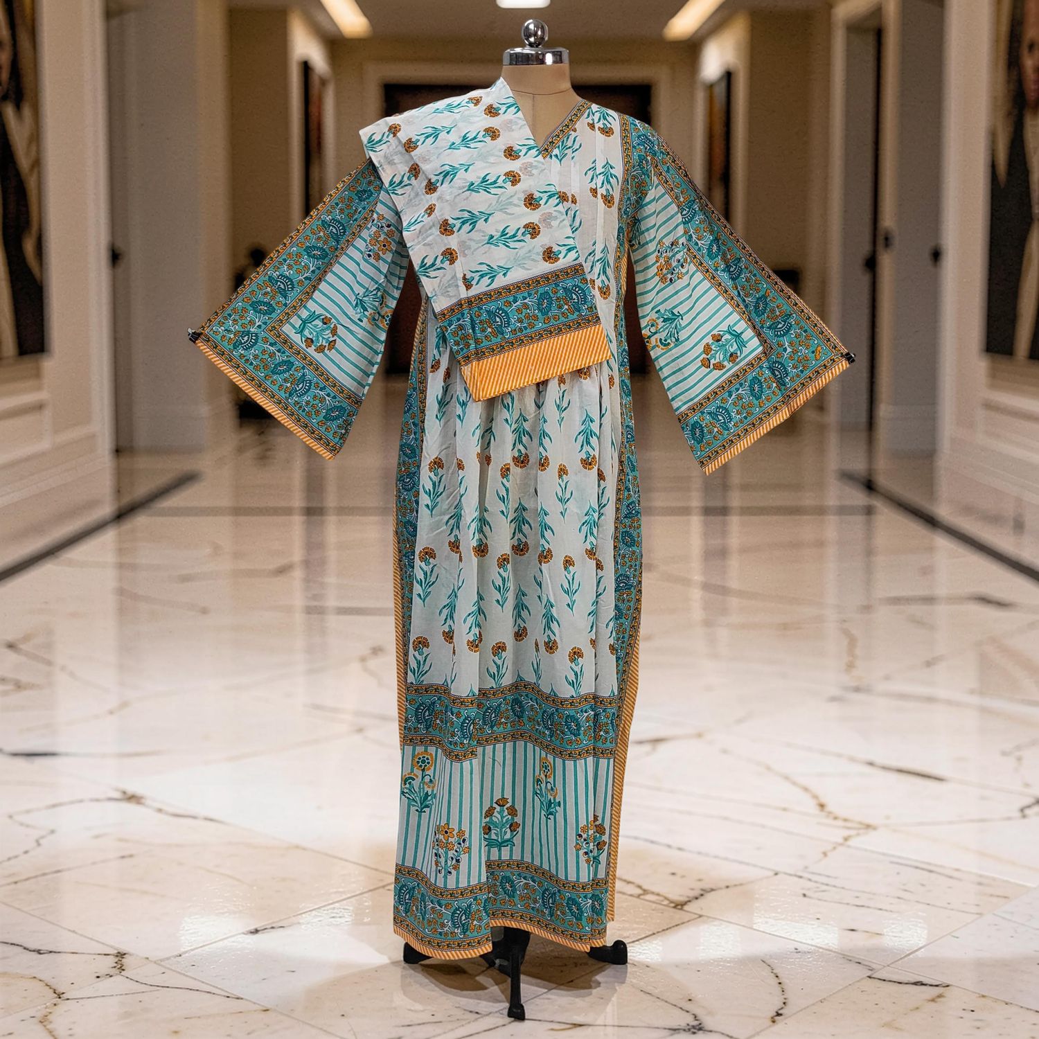 S-M Cotton Printed Amber Dress 57" Long Jalabiya With Sheila JP