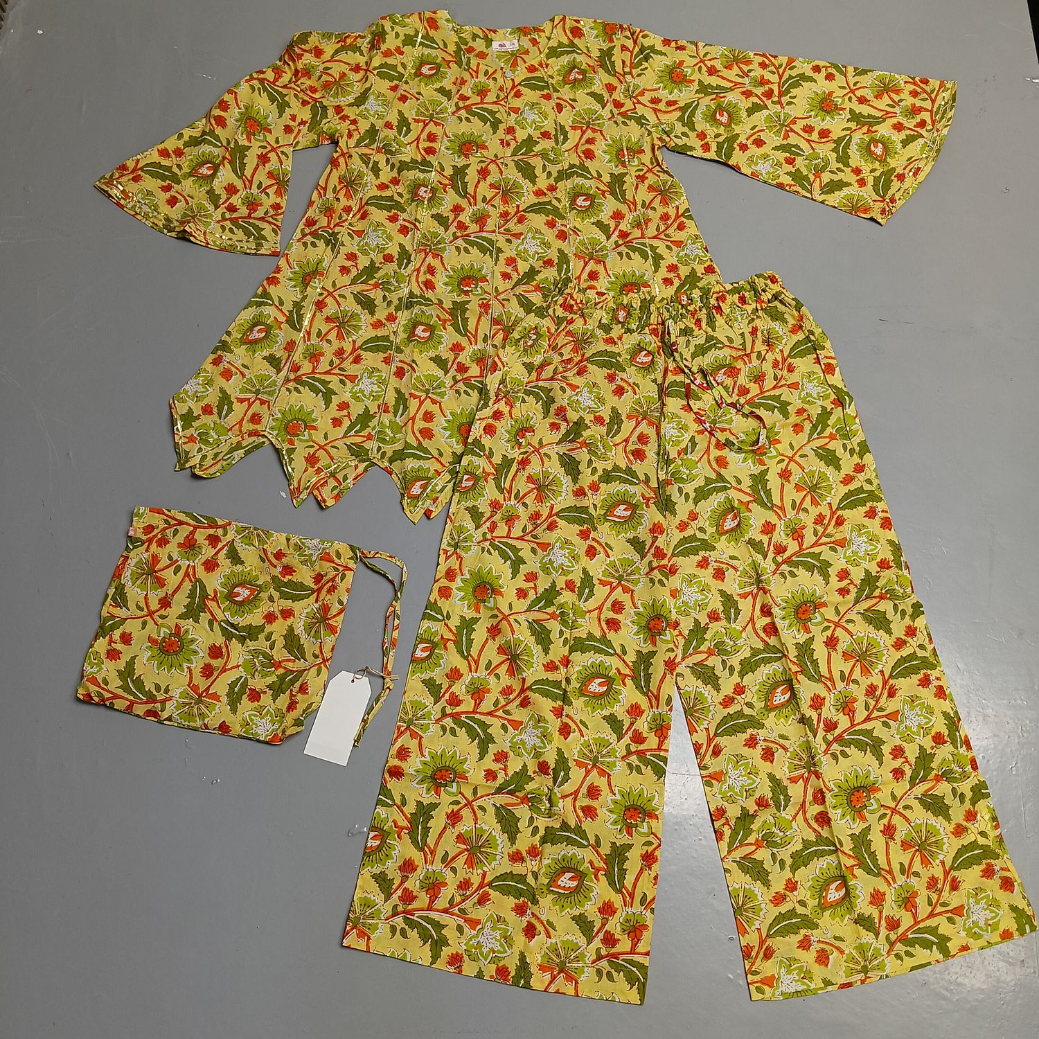 2XL-3XL Full Sleeves Round Neck Cotton Kurti Pajamas Set