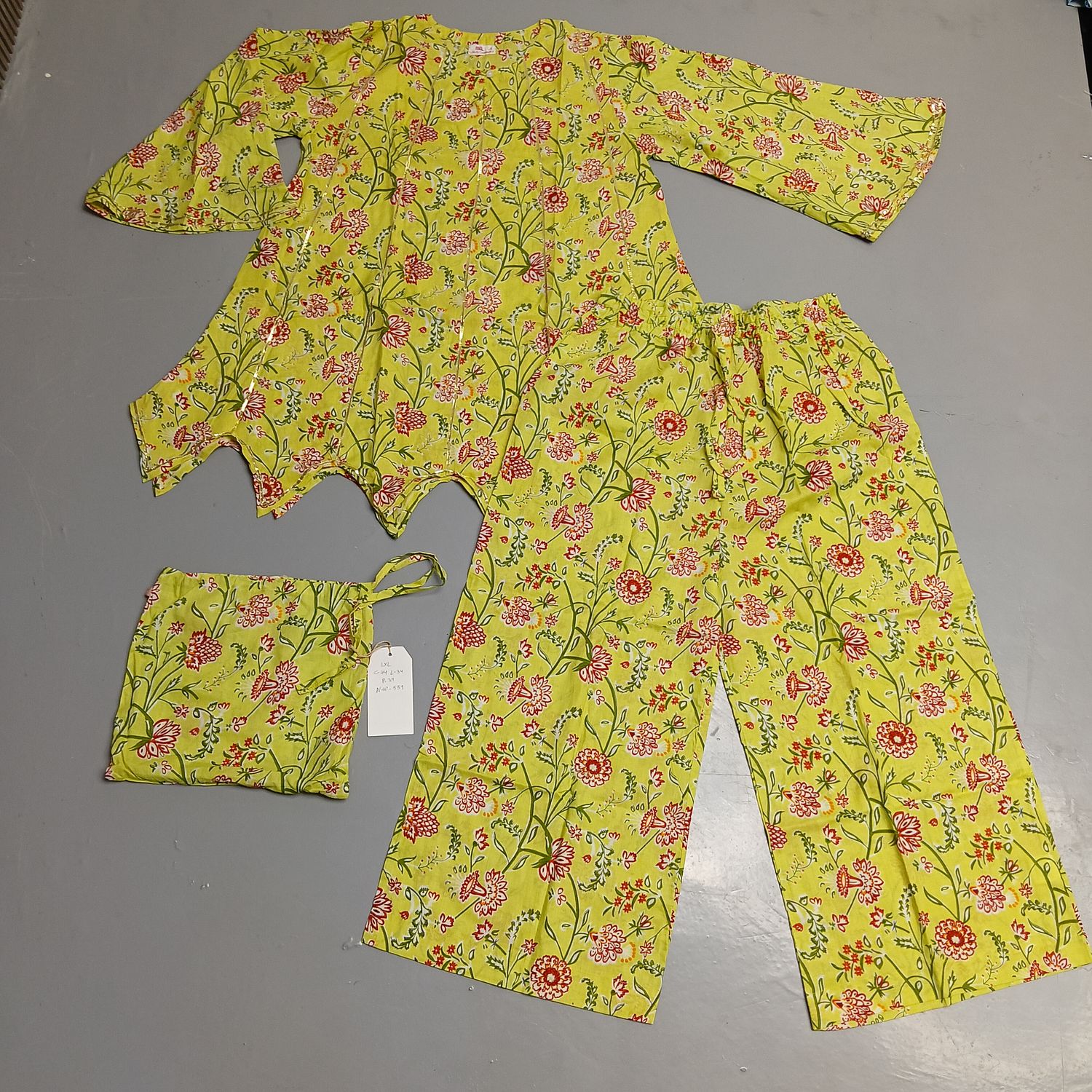 L-XL Full Sleeves Round Neck Cotton Kurti Pajamas Set