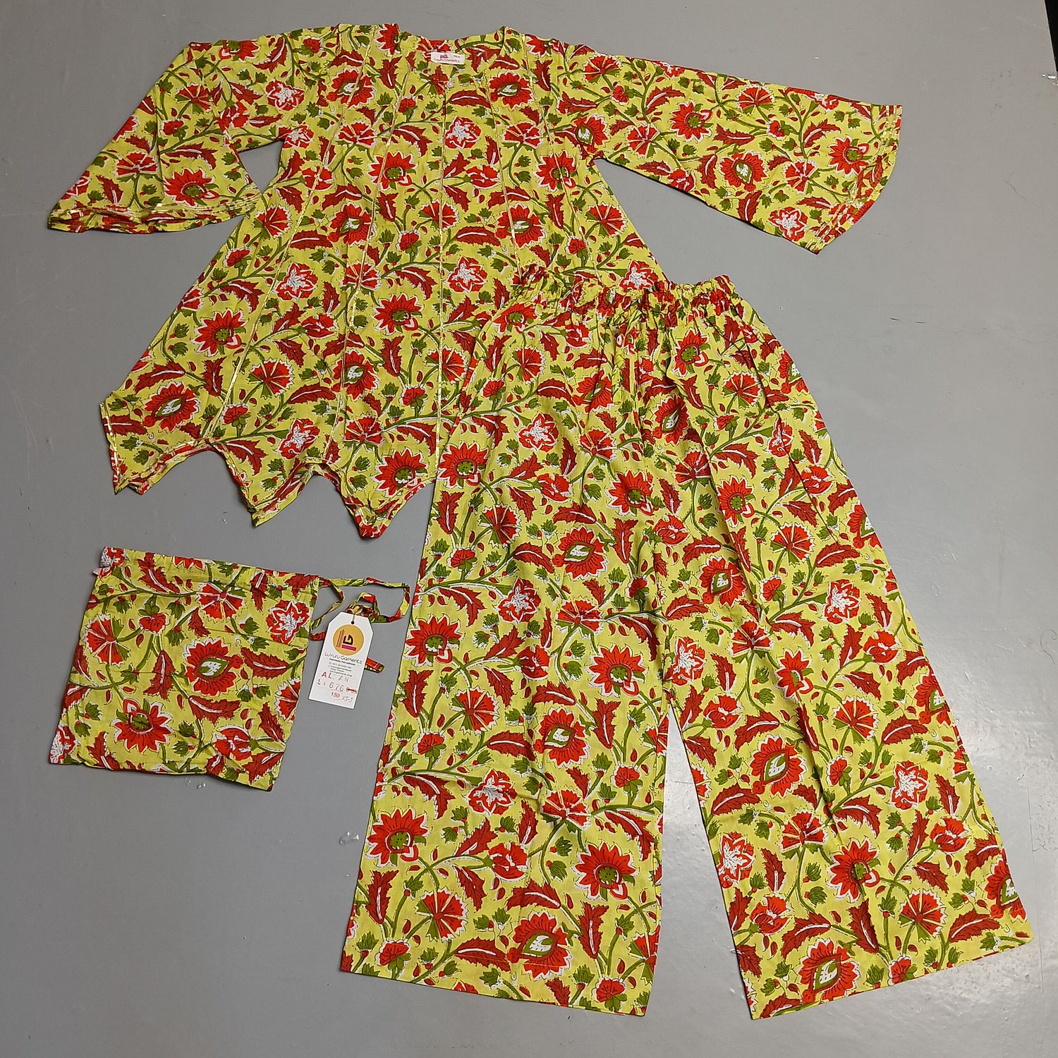 L-XL Full Sleeves Round Neck Cotton Kurti Pajamas Set