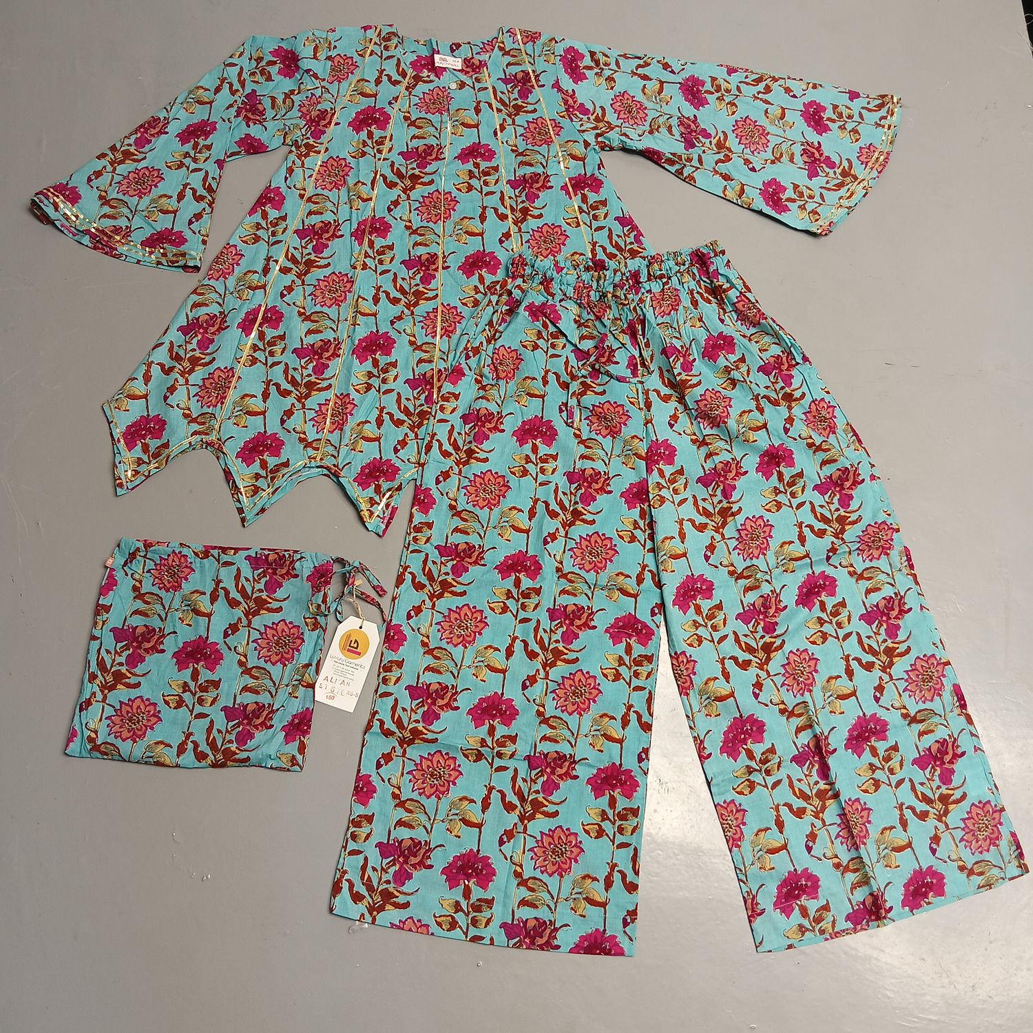 S/M Full Sleeves Round Neck Cotton Kurti Pajamas Set