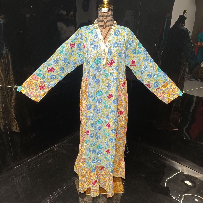 L/XL Safa Printed Cotton Dress 57" Long Jalabiya