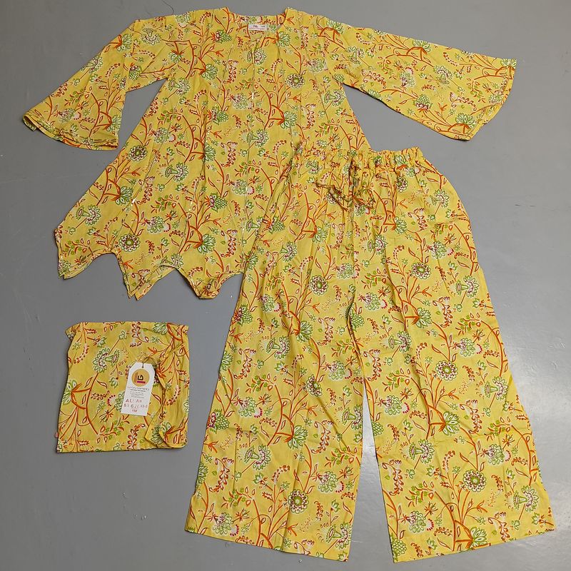 S/M Full Sleeves Round Neck Cotton Kurti Pajamas Set