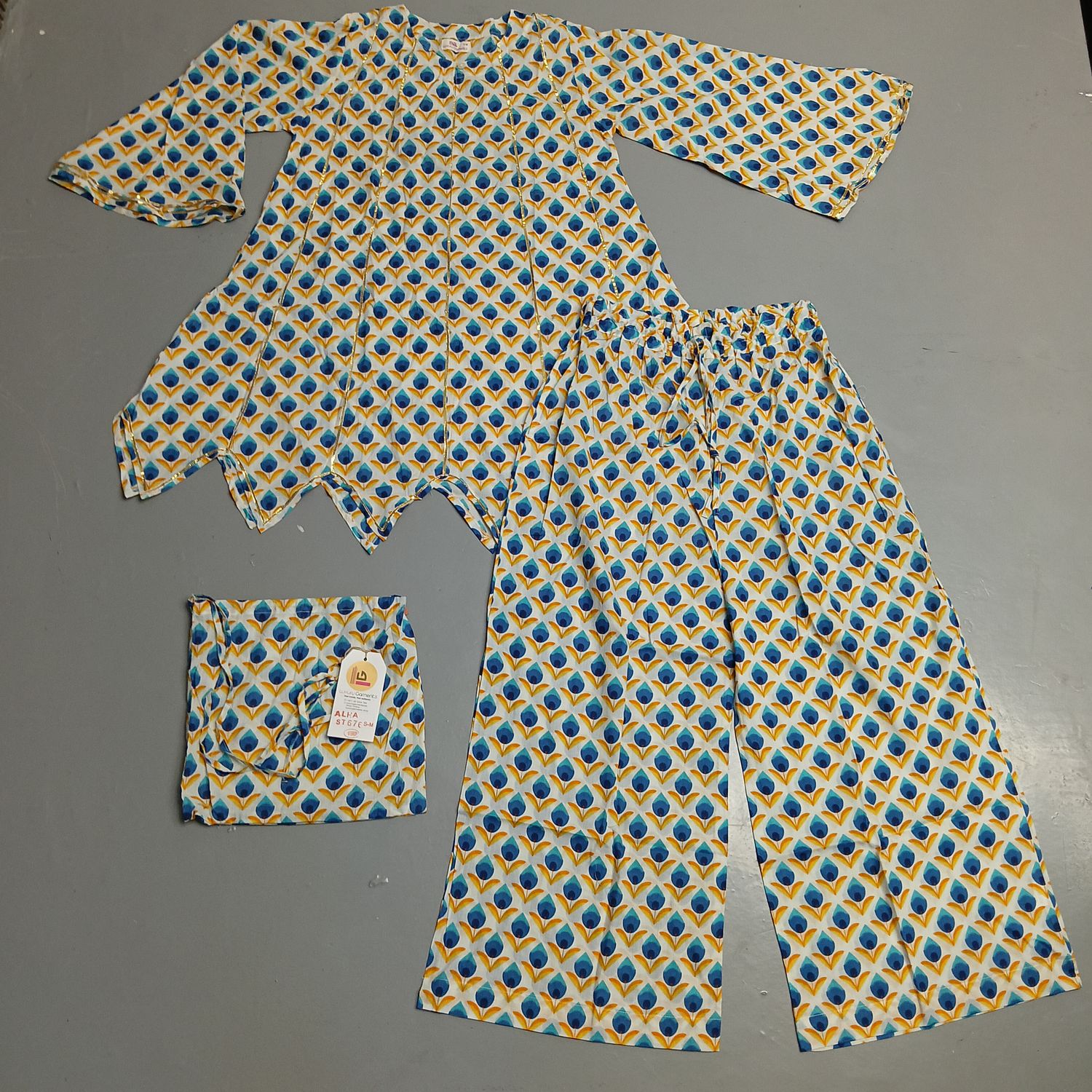 S/M Full Sleeves Round Neck Cotton Kurti Pajamas Set