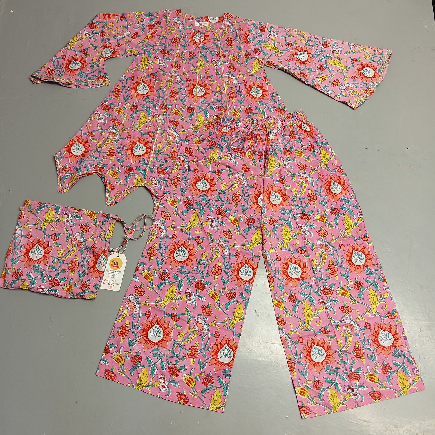 L-XL Full Sleeves Round Neck Cotton Kurti Pajamas Set