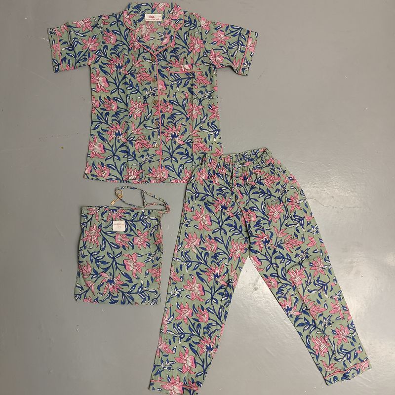 2-3 Year Cotton Short Sleeves Shirt Collar Neck Full Pajama Set