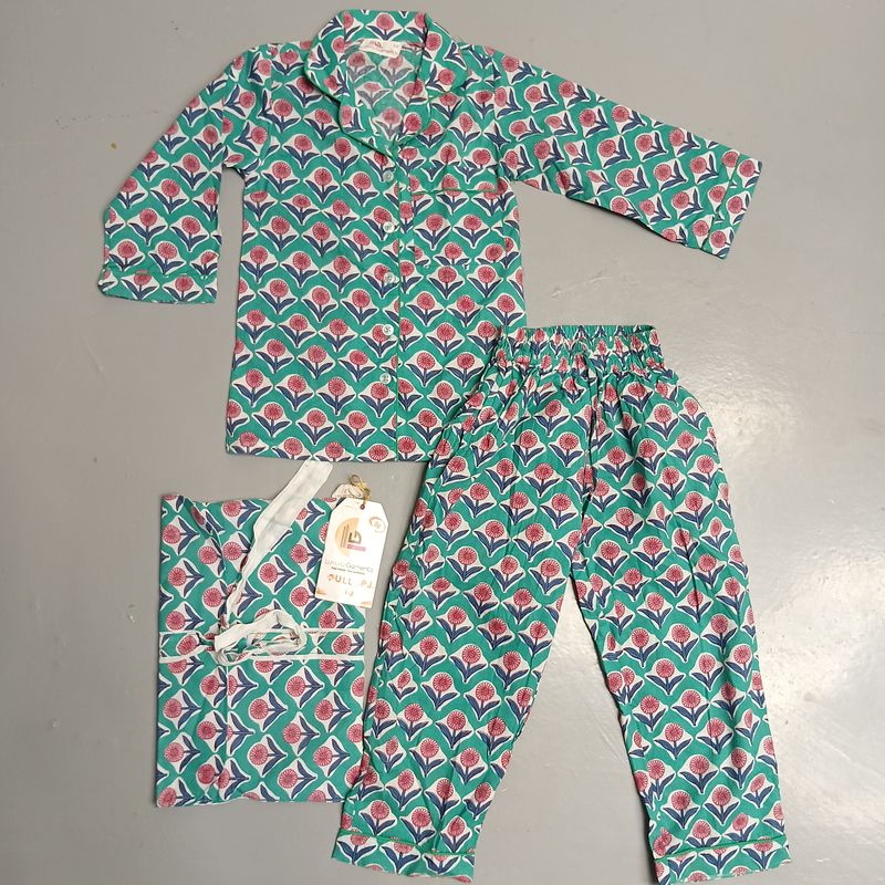 1-2 Year Cotton Full Sleeves Shirt Collar Neck Full Pajama Set