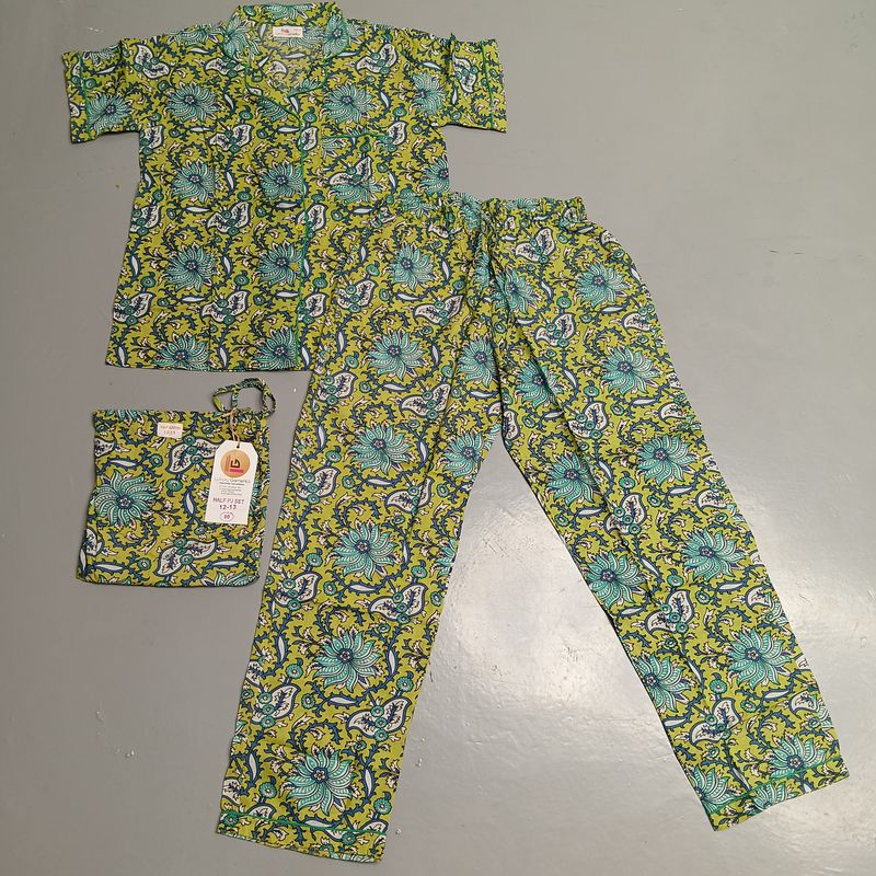 12-13 Year Cotton Short Sleeves Shirt Collar Neck Full Pajama Set